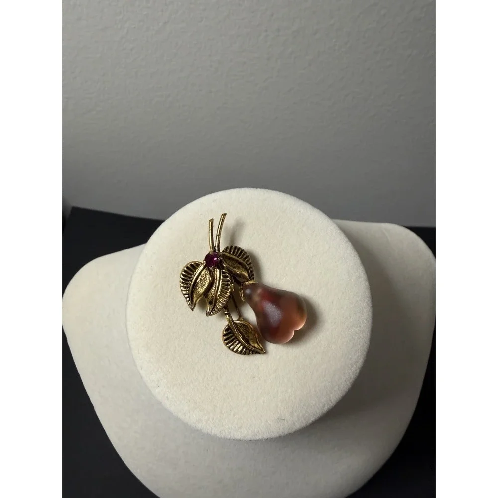 Vintage Lucite Brooch Austria Pink Crystal Figural Pear Fruit Gold Tone  1950s